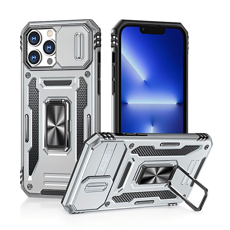 Military-Grade Shockproof Phone Case with Sliding Camera Shield & 360° Ring Stand