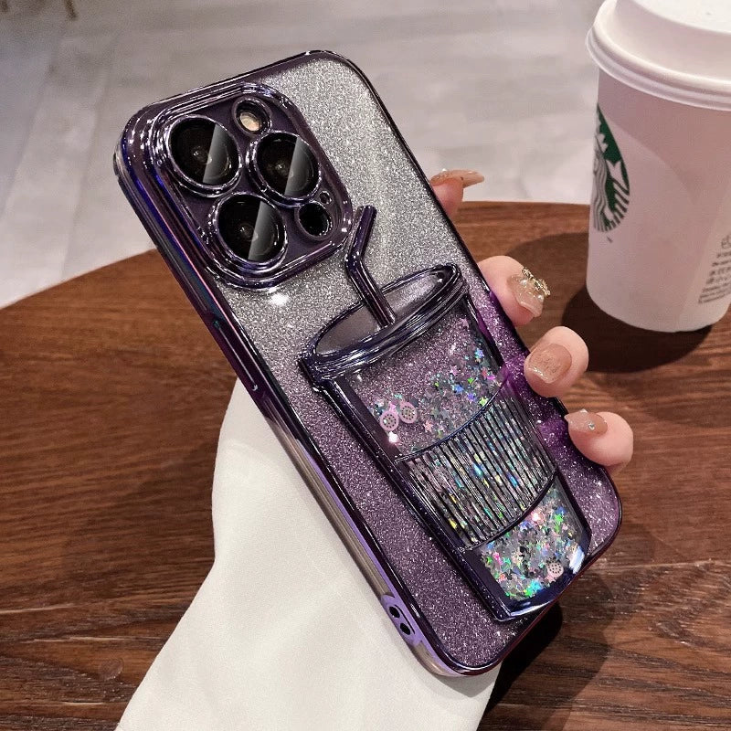 Glitter quicksand milk tea cup mobile iPhone case